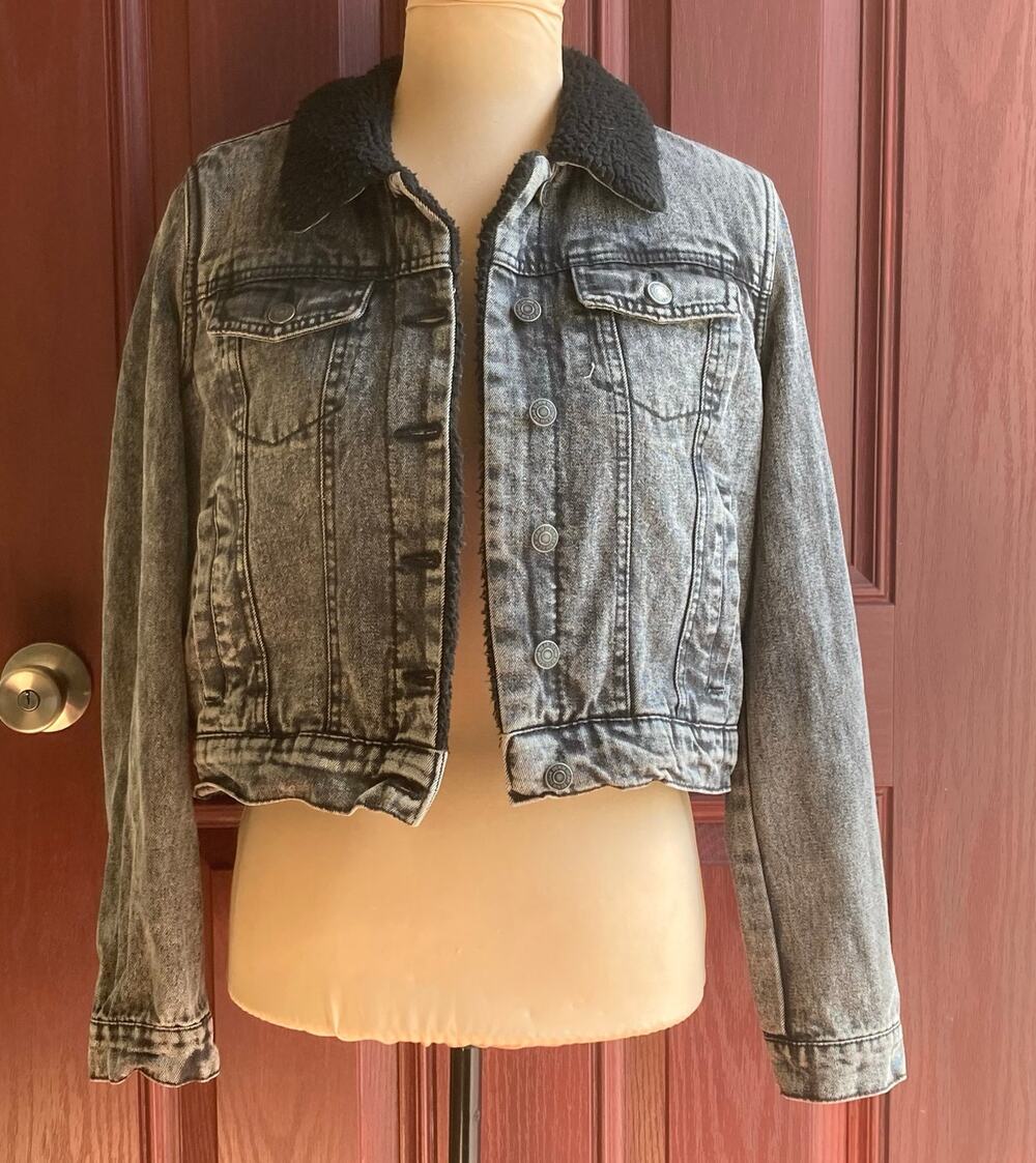 Ashley Vintage Charm Denim Jacket Womens M Black Cropped Sherpa Fleece Lined